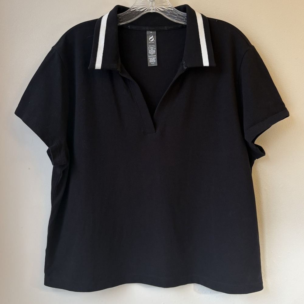 Lou & Grey Cotton Short Sleeve  Polo XL Black White Trim Preppy Cropped Casual